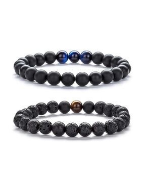 Hamoery Set of 2 Black Bracelets with Lava Stone, Tiger Eye & Agate
